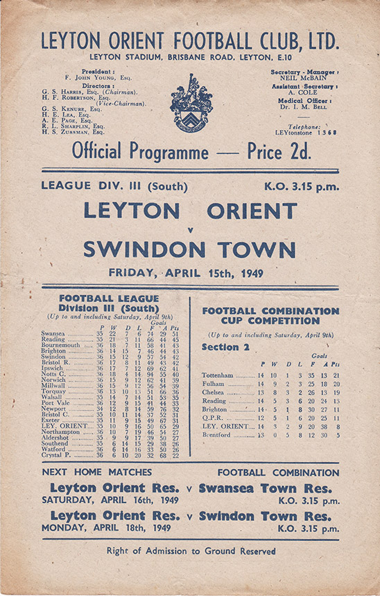 <b>Friday, April 15, 1949</b><br />vs. Leyton Orient (Away)